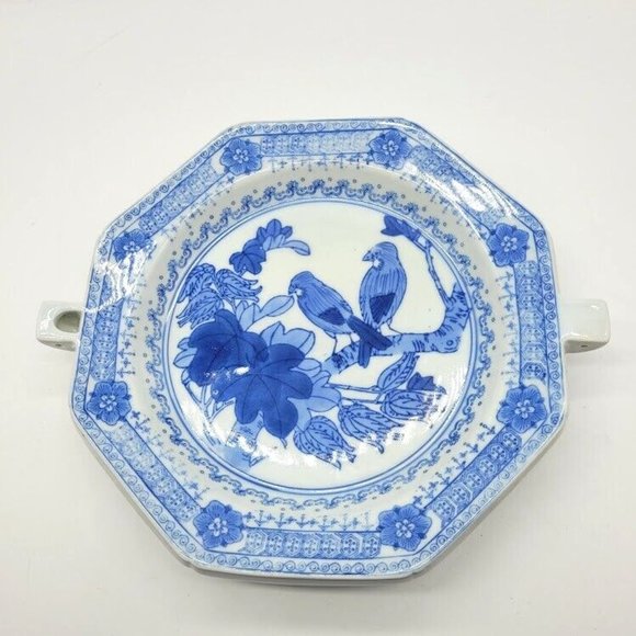 VTG Chinese Export Ware Blue Birds on Branch Warming Dish Entertaining Dinner - Picture 2 of 11